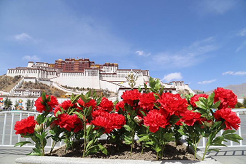  这是3月27日拍摄的装饰一新的布达拉宫广场。日前，西藏布达拉宫广场装饰一新，喜迎3月28日“西藏百万农奴解放纪念日”。 新华社发（段宏文 摄）