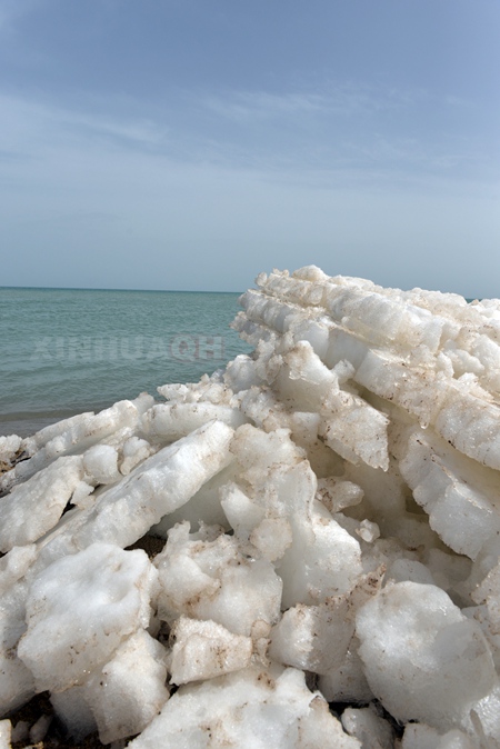 每年春天，青海湖开湖后大量的冰块在风的作用下，堆积到岸边形成一道奇观。