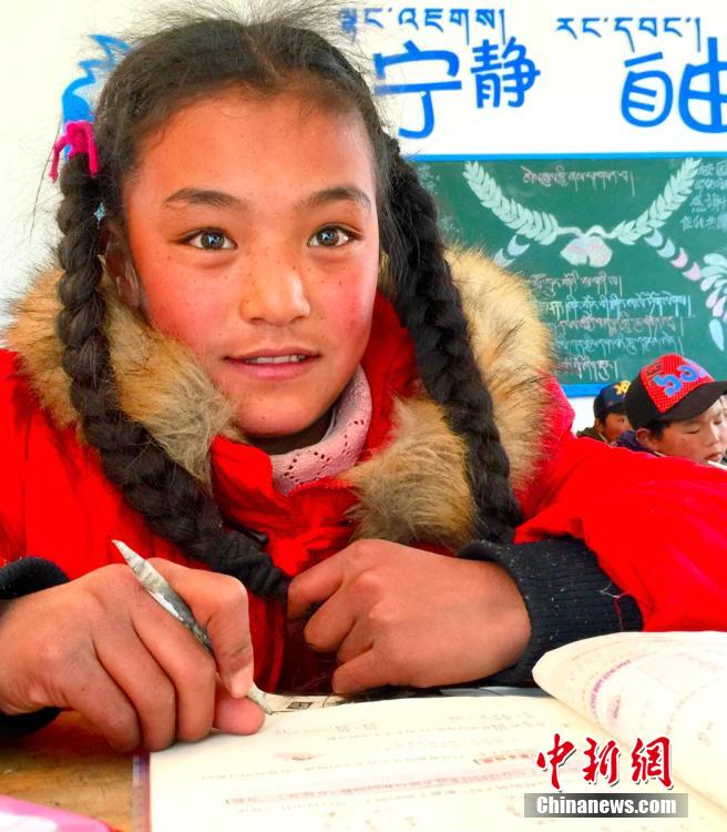 藏寨校园里正在读书的女孩。 刘忠俊 摄