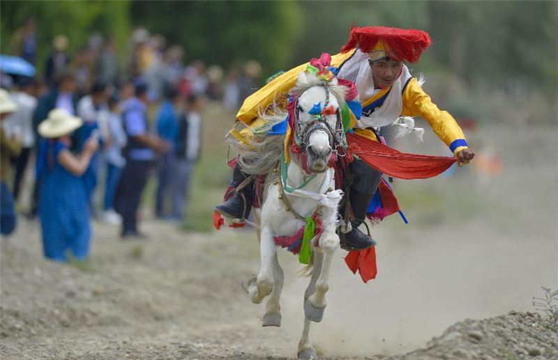 7月14日，藏族群众在“望果节”上进行马术表演。