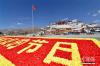 3月27日，西藏拉萨布达拉宫广场摆放巨型标语，迎接西藏百万农奴解放57周年纪念日。 中新社记者 李林 摄