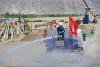 5月11日，在川藏铁路拉林段协阿荣特大桥工地，洒水车在喷水除尘。
