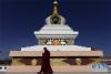 一名僧人从青海省藏语系佛学院的佛塔前经过（11月16日摄）。