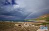 一弯彩虹出现在色林错湖边（7月6日摄）。新华社记者 刘东君 摄