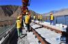 12月1日，中铁十一局铺架队工人在进行拉林铁路第二次跨越雅鲁藏布江的铺轨。 当日，位于西藏山南市桑日县绒乡附近的拉林铁路绒乡雅鲁藏布江特大桥完成铺轨，这是拉林铁路第二次跨越雅鲁藏布江。绒乡雅鲁藏布江特大桥全长4615米。 拉林（拉萨至林芝）铁路全长435.48公里，设计时速160公里，是西藏首条电气化铁路，共跨越雅鲁藏布江16次。自2018年10月正式铺架至今，已完成铺轨114公里，预计2020年底完成全线铺架。 新华社记者 觉果 摄