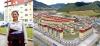 拼版照片：左图为西藏自治区昌都市类乌齐县类乌齐镇尼扎村村民白曲在安置点楼前（9月22日摄）；右图为类乌齐县桑多扶贫开发区易地扶贫搬迁安置点一角（9月22日摄，无人机照片）。2018年12月，白曲和家人搬迁到安置点，住进了100平方米的新居。2019年，经安置点工作人员介绍，白曲来到当地一家公司打工，每月有3000元的收入。 新华社记者 詹彦 摄