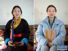 拼版照片：左图为2月12日，在西藏自治区山南市乃东区，格央身着传统藏装，手捧一碗酥油茶；右图为2月12日，在西藏自治区山南市乃东区，格央身着羽绒服，手持一台平板电脑。新华社记者 刘金海 摄