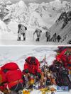 拼版照片：上图是1960年，登山队队员在海拔7000米以上的雪坡上前进（资料照片）；下图是2020年5月21日拍摄的2020珠峰高程测量登山队员所使用的现代登山设备（新华社特约记者拉巴摄）。新华社发