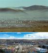 拼版照片：上图是20世纪80年代的西藏那曲地区行署所在地那曲镇（新华社记者袁克忠摄）；下图是那曲市市区风貌（新华社发 普布扎西摄，无人机视频截图）。新华社发