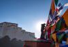 1月24日，日喀则市桑珠孜区的藏族群众在悬挂五彩经幡。新华社记者 孙非 摄
