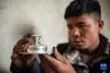 在扎西吉彩金银铜器厂，一位手工艺人在检查自己打制的银器坯子（3月9日摄）。新华社记者 孙非 摄